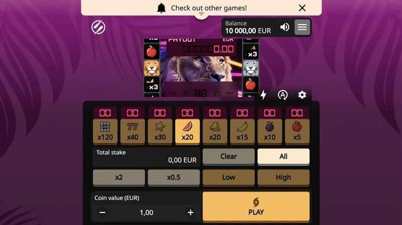 Lion Zama Fruits Bonus Spins - écran principal de la machine à sous de fruits avec l'image du lion de la série African Big 5